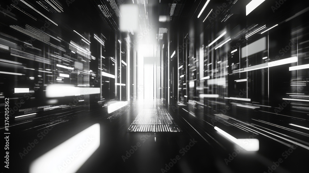 Big data 3D illustration. Neural network and cloud technologies. Global database and artificial intelligence. Bright, black and white background with bokeh effect