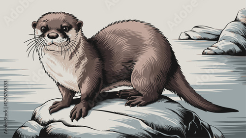 A detailed illustration of a curious river otter standing on a rock, surrounded by water, showcasing its playful nature and natural habitat.