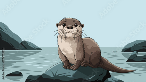 A charming cartoon illustration of a playful otter perched on a rock, surrounded by tranquil water and distant mountains, showcasing the joy of wildlife.