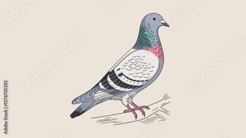 This artistic depiction features a vibrant pigeon with iridescent feathers, perched gracefully on a branch, perfect for nature-themed projects.