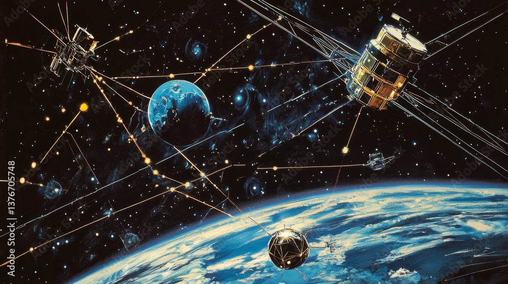 Modern design of network connections, the planet and satellites in orbit. Raster illustration