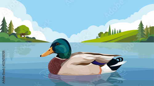 A vibrant illustration of a mallard duck floating peacefully on a calm lake, surrounded by lush greenery and a clear blue sky.