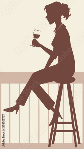 silhouette of a woman sitting on a barstool with glass of wine 
