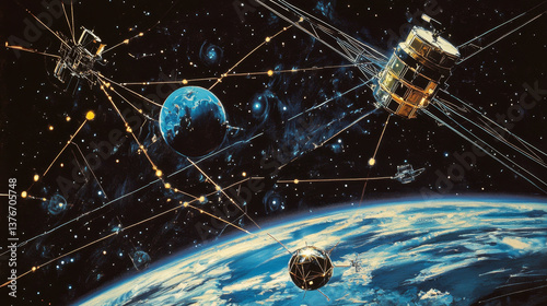 Obraz na płótnie Modern design of network connections, the planet and satellites in orbit. Raster illustration w salonie
