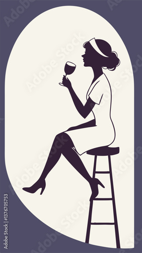 silhouette of a woman sitting on a barstool with glass of wine 