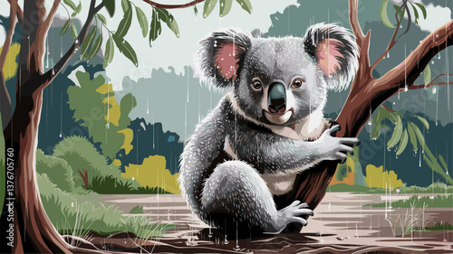 This charming illustration showcases a koala clinging to a tree in a rainy forest, set against a lush green backdrop. Perfect for nature-themed projects!