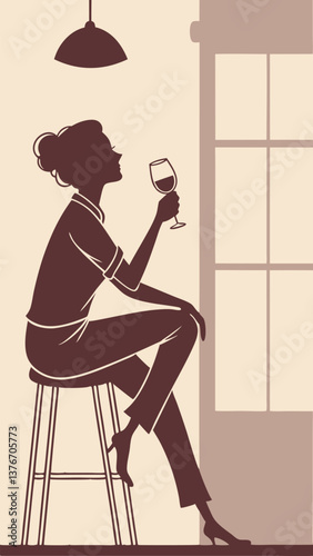 silhouette of a woman sitting on a barstool with a glass of wine