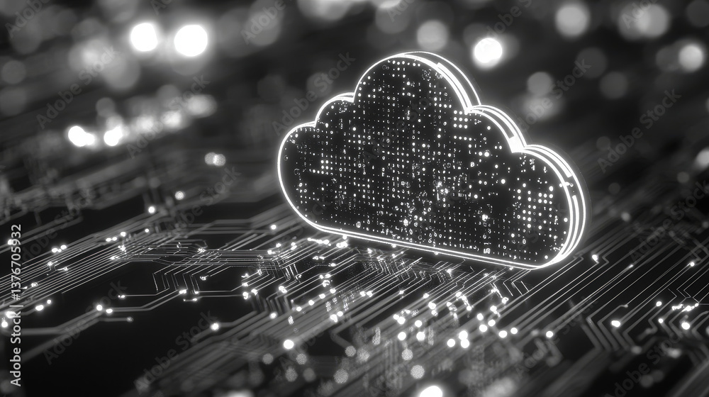 Big data, cryptography programming 3D illustration. Neural network, cloud technologies. Global database, artificial intelligence. Bright, black and white background with bokeh effect