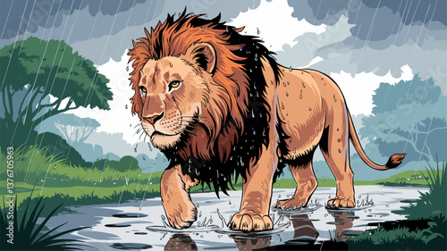 A powerful lion strides through a rainy savannah, its majestic mane glistening with raindrops. Perfect for wildlife and nature-themed projects.