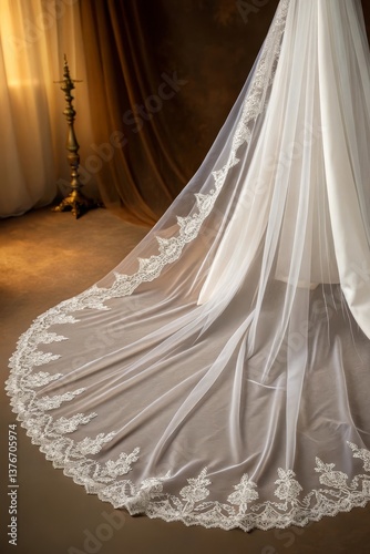 Delicate flowing wedding veil crafted from fine tull with intricate lace detailing, elegantly displayed in a softly lit setting