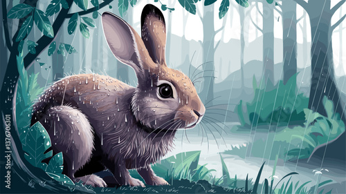 A beautifully illustrated rabbit resting in a lush forest, droplets glistening on its fur as rain softly falls, capturing a serene nature moment.
