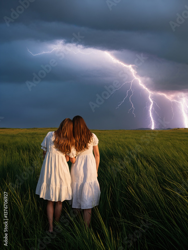 Mysterious Twin Sisters Walking Through a Field Under a Dark Sky