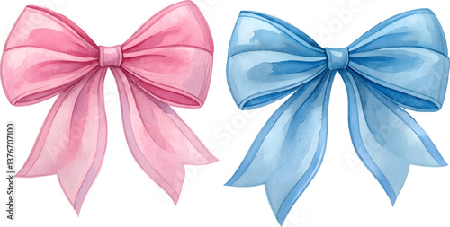 watercolor blue and pink bows, isolated vector