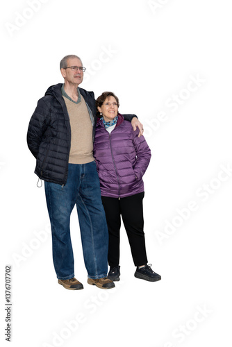 A man and woman are standing next to each other, both wearing jackets