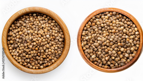 top view of coriander seeds in a wooden bowl on isolated background organic whole coriander spice dried seeds for cooking and seasoning aromatic herb seed macro photography
