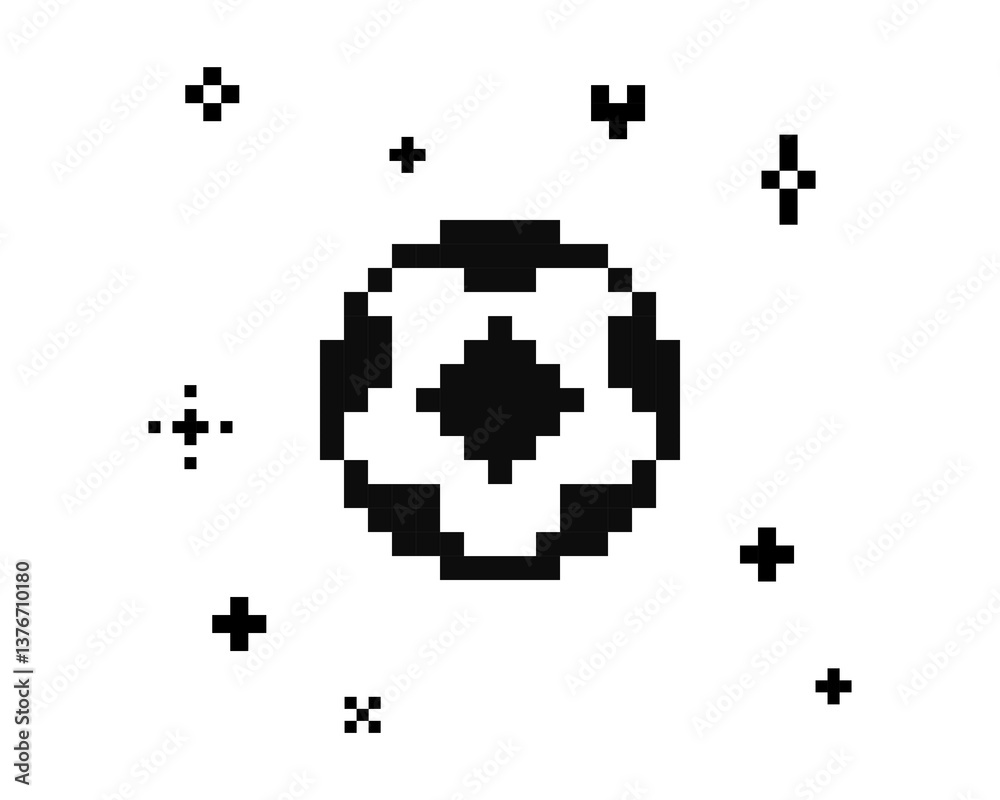 Fototapeta premium Y2k inspired football sticker in pixel art. Pixels soccer ball. Mood of 90's. 8 bit retro style sport vector illustration. Trendy geometric shape. Game abstract football icon