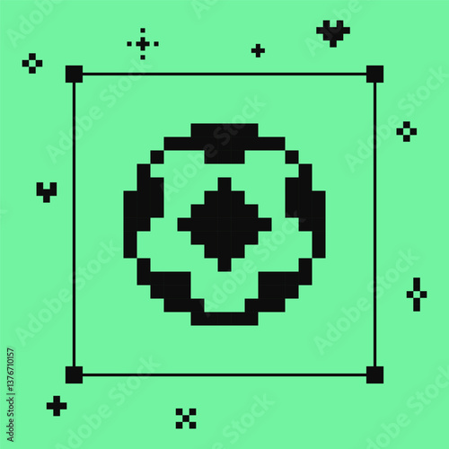 Y2k inspired football pixel icon. Soccer pixel art icon. Goal icon. Green color retro sticker. Vector illustration. Game abstract element. Y2k modern geometric shape for collage, poster. Mood of 90s