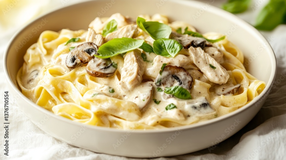 Creamy fettuccine alfredo with chicken and mushrooms garnished with fresh basil Creamy fettuccine alfredo with chicken and mushrooms garnished with fresh basil