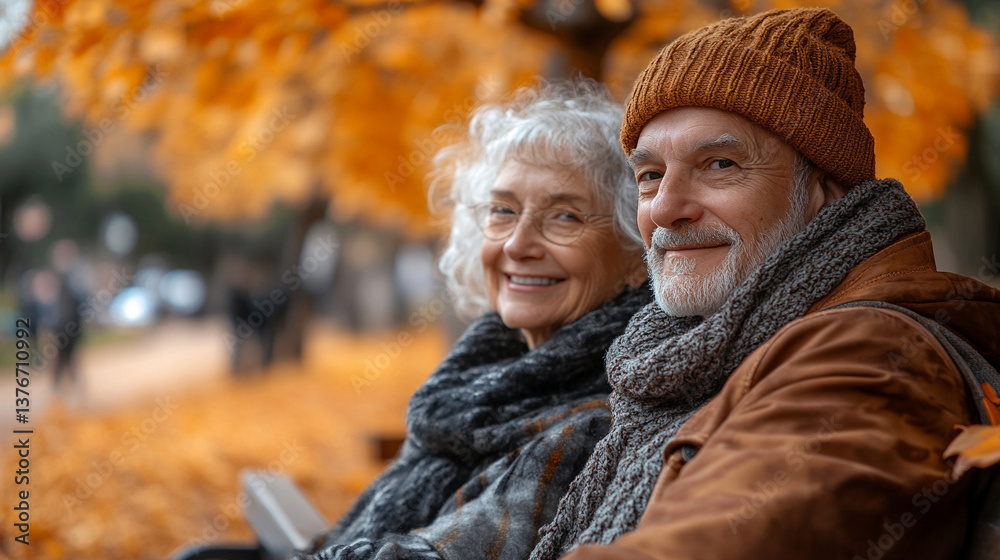 Elderly couple enjoying fall colors in park Elderly couple enjoying fall colors in park