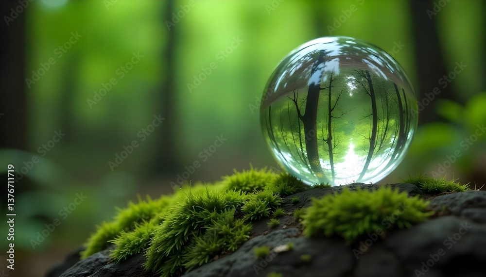A captivating close-up shot features a crystal ball resting atop a moss-covered rock, set against a blurred forest backdrop A captivating close-up shot features a crystal ball resting atop a moss-covered rock, set against a blurred forest backdrop