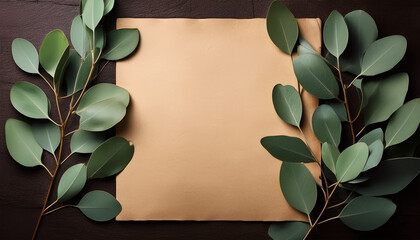 blank vintage paper surrounded by green eucalyptus leaves