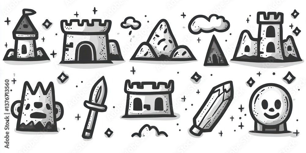 Hand-drawn illustrations of castles, mountains, a sword, and whimsical characters. Perfect for children's books or games Hand-drawn illustrations of castles, mountains, a sword, and whimsical characters. Perfect for children's books or games