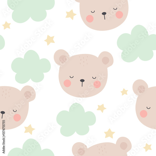Seamless pattern with bear, clouds, and stars. Kids vector illustration. It can be used for wallpapers, wrappers, cards, patterns for clothes, and others.