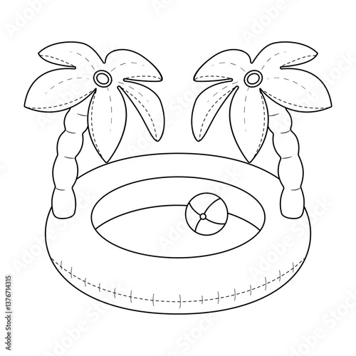 Inflatable circle with palm trees. Rubber pool for summer games and swimming. Coloring page with outline children toys for water, pool and beach.