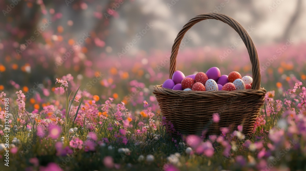 Easter Eggs Basket in a Flowerfield