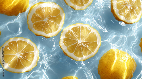 Fresh lemons floating in clear blue water
