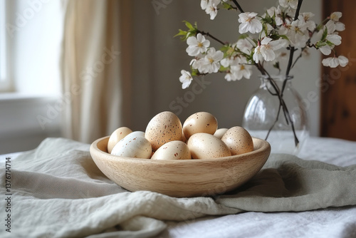Pastel eggs in bowl near spring blossoms. Easter decoration in Japanese style.