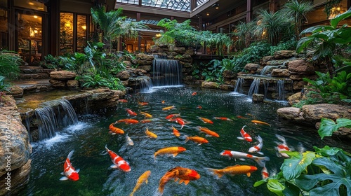 Koi pond with waterfalls in a lush indoor garden.