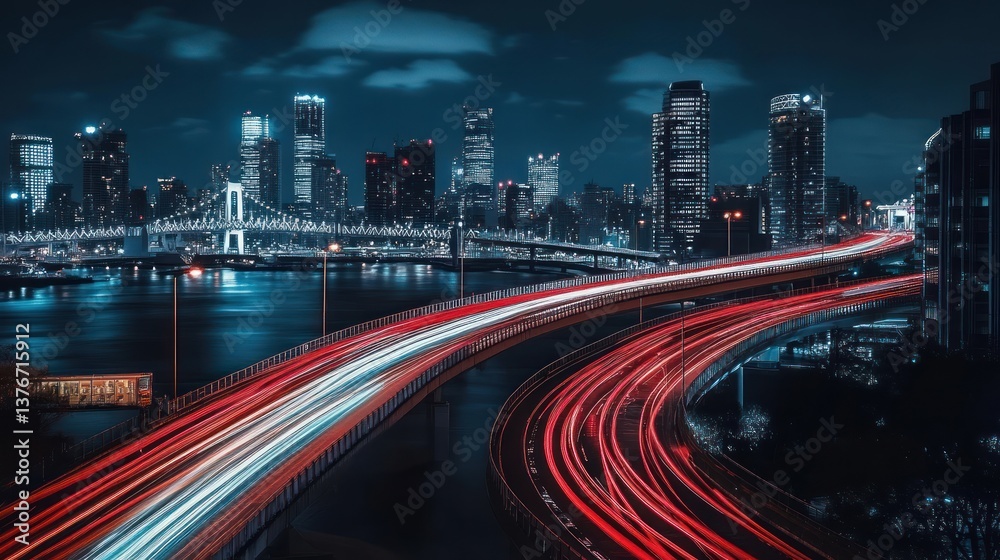 Obraz premium Metropolitan highway panorama with streaks of light illuminating dynamic city