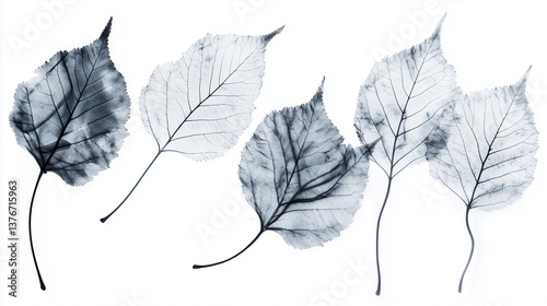 Skeletal birch leaves collection in x-ray style