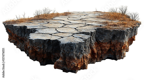 3D illustration of a floating desert road with a cut-out section of dry, cracked ground, hovering in the air. The edges of the land piece are rugged and uneven. Isolated on white background, PNG.