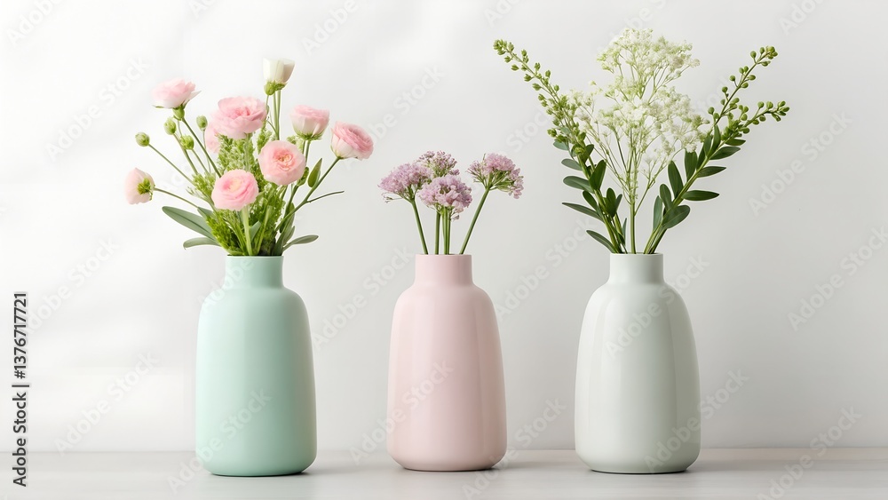 Fototapeta premium Modern vases filled with delicate flowers and plants create serene and stylish atmosphere. soft pastel colors and minimalist design evoke sense of tranquility and elegance 