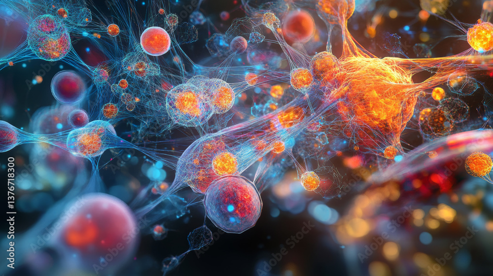 Medical research, microbiology and high technology innovation. 3D illustration of a neural network in plexus of big data
