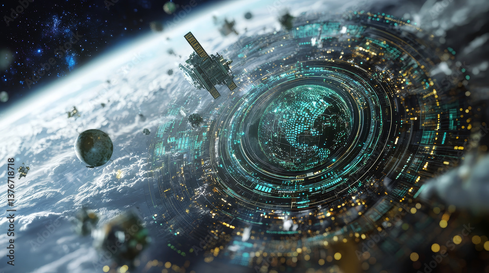 High technology in space. Portal 3D illustration. Space and time, global digital database in cyberspace of artificial intelligence