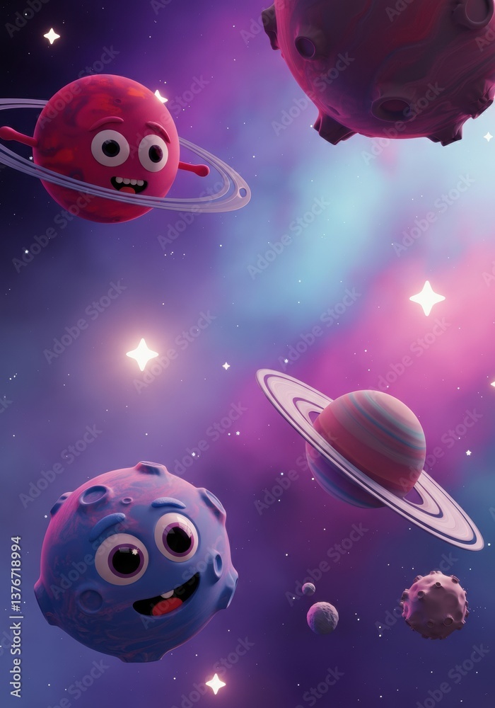 Naklejka premium Colorful cartoon planets and moons in a whimsical outer space scene
