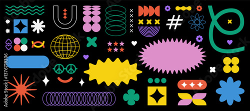 Trendy 90s abstract geometric elements. Colorful naive shapes, peace symbol, stars, grids, and wavy lines. Groovy Memphis and brutalist style vector art