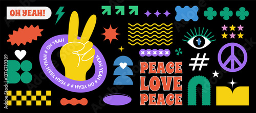 Retro funky abstract design with geometric shapes. Colorful 90s aesthetics, peace sign, squiggles, stars, and wavy lines. Playful modern vector set