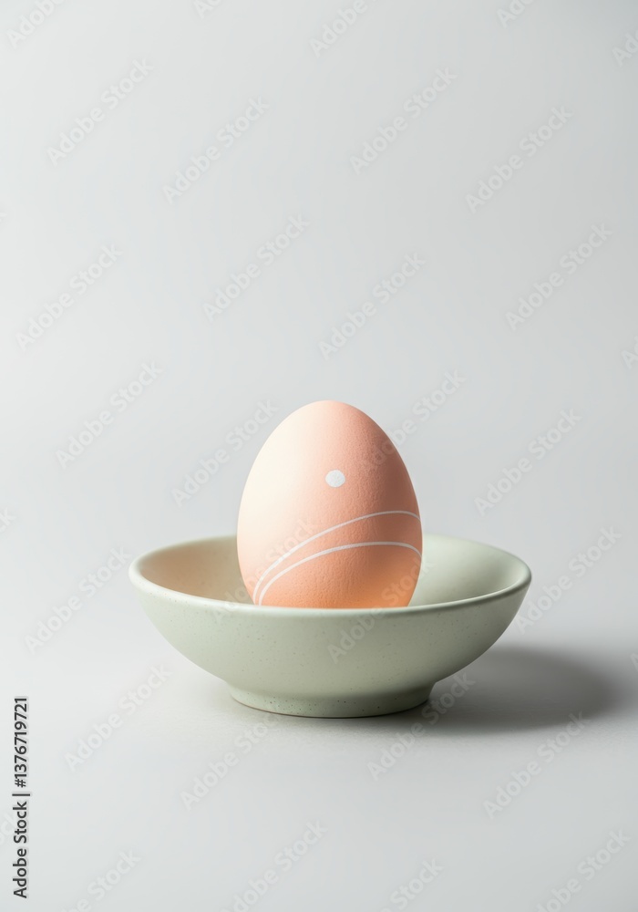 Decorative pink egg placed in a light green bowl on a neutral background Decorative pink egg placed in a light green bowl on a neutral background