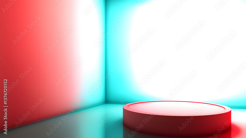 Fototapeta premium Modern Minimalist Pink Podium with Neon Red and Cyan Lighting in Futuristic Studio Setting