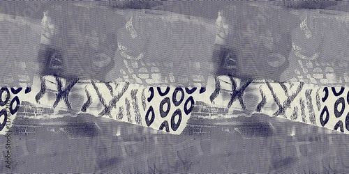 Seamless indigo blue woven grunge dye border pattern. Irregular boro effect dye washed out resist banner background. Block print woven style for trendy vintage wash tape edging trim textures.