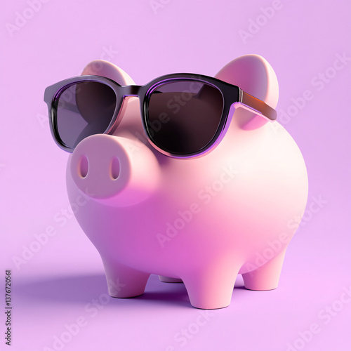 Cool Pink Piggy Bank Wearing Sunglasses in Pastel Purple Setting for Fun Financial Concept Art