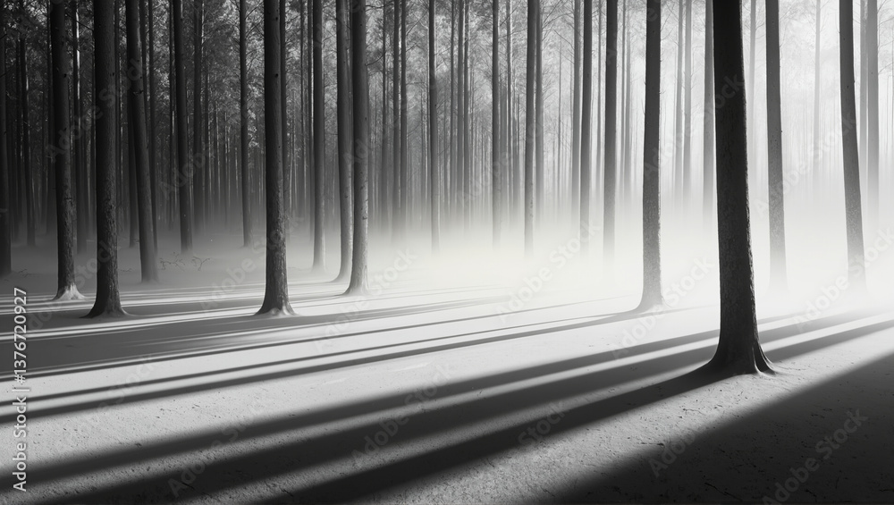 Naklejka premium Minimalist Grayscale Forest with Tall Trees, Soft Mist, and Dramatic Shadows, Serene and Atmospheric Landscape