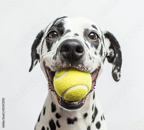 A sweet Dalmatian dog gripping a ball in its mouth, showcased on a plain white background
