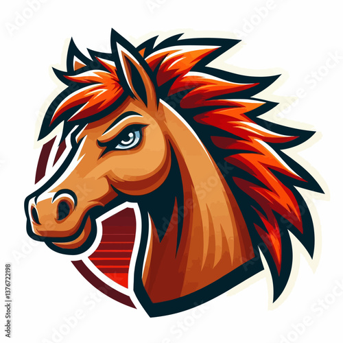 "Logotipo de mascote de cavalo em estilo cartoon sobre fundo branco, desenhado como um emblema vetorial vibrante. Ilustração em formato EPS10, ideal para marcas, equipes esportivas ou projetos gráfico