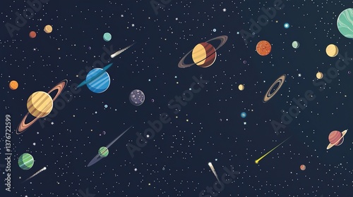 Futuristic Fantasy View of Planets, Satellites, Falling Meteor, and Asteroids in Outer Space, Set Against a Dark Starry Sky, Perfect for a Cosmic Computer Game Background