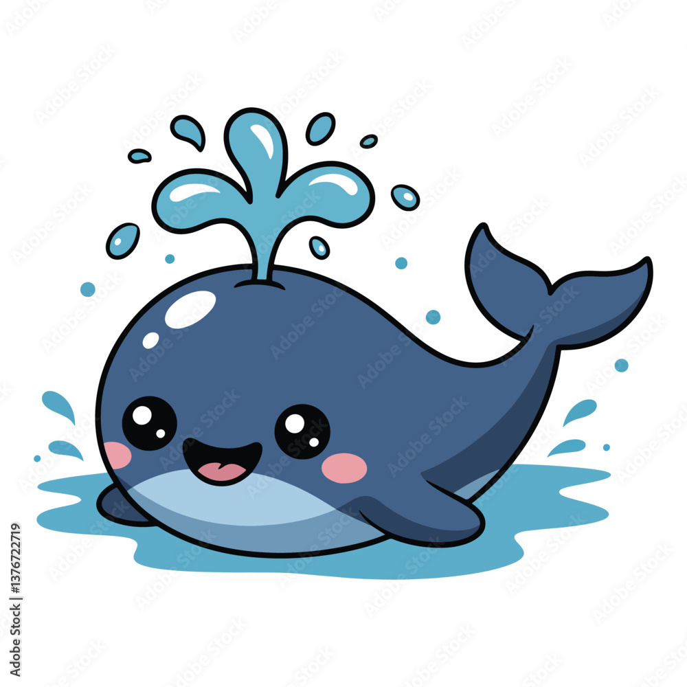 Cute Cartoon Whale with Water Splash and Smiling Face for Kids
